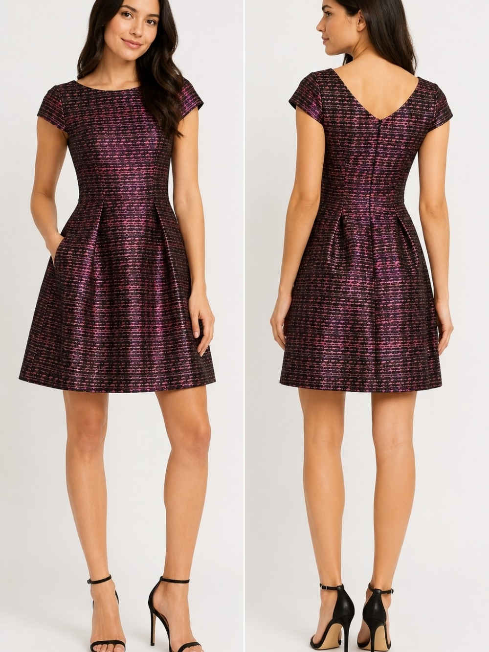 Vince Camuto Metallic Purple Cap-Sleeve Fit & Flare Dress
